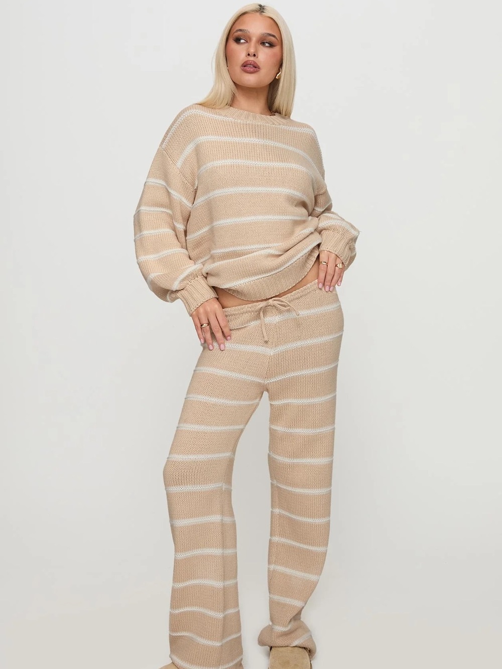 NEW! Princess Polly plus size Cozy Stripe Knit Lounge Set - Beige